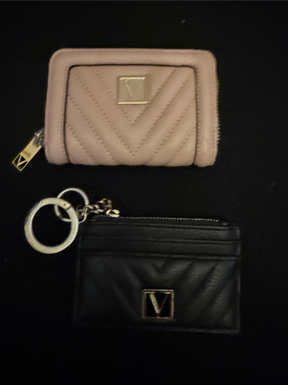 V-Emblem Quilted Mini Wallet and Card Holder Set in Blush Pink & Black